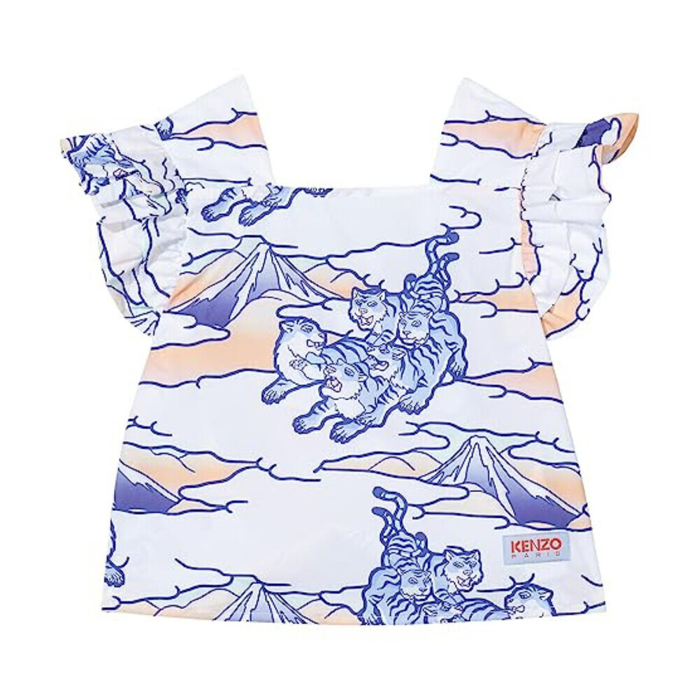 Kenzo Shirt Kids 14A White All Over Print 100% Cotton Poplin Square Neck RED757